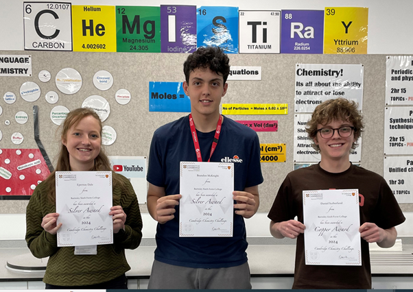 Photograph - L-R A Level Chemistry students Epernay Dale, Brandon McKnight and Daniel Sutherland.